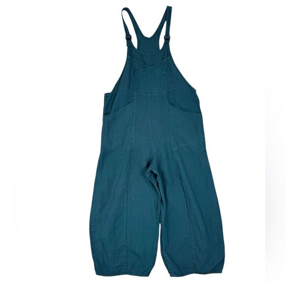 Cynthia Ashby Teal Blue Spree Linen Boho Minimalist Overall Jumpsuit - Picture 2 of 11